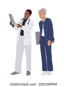 Vector modern flat doctor profession person illustration. Radiologist in coat with scan image discussing. Female and male medical workers in uniform. Design element of radiology department.