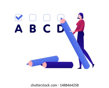 Vector modern flat education exam illustration. Female person with pen mark test checklist. Concept of university study, college questionnaire. Design element for poster, flyer, card, banner