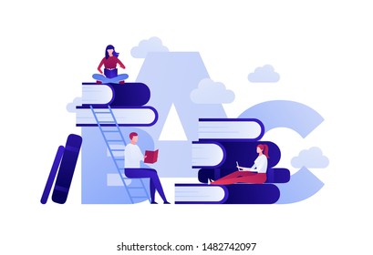 Vector modern flat education illustration. Group of people sitting studing and reading on book and stairway in clouds isolated on white background. Design for posters, flyers, cards, web banners