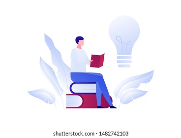 Vector modern flat education illustration. Male sitting reading a book with bulb idea symbol isolated on white background. Design for posters, flyers, cards, web banners