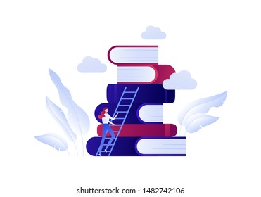 Vector modern flat education illustration. Female going up by stairway on book background. Concept of wisdom and knowedge, self-education. Design for posters, flyers, cards, web banners