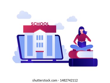 Vector modern flat education illustration. Woman sitting and reading a book with laptop and school elements. Concept of online learning, university, courses. Design for posters, flyers, cards, banners