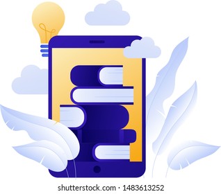 Vector modern flat education illustration. Book on ebook screen with leaf, light bulb, clouds. Concept of online training, university, courses, library. Design for posters, flyers, cards, banners