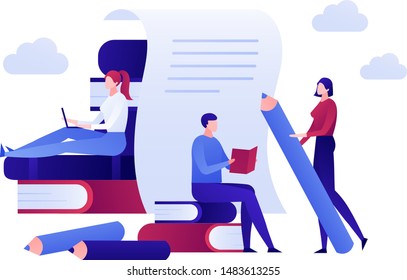 Vector modern flat education illustration. Group of people with certificate, pencil, book elements. Concept of self improvement, university, student life. Design for posters, flyers, cards, banners