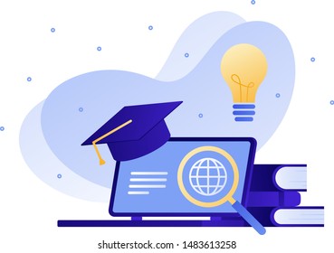 Vector modern flat education illustration. Book on laptop light bulb, books, master hat. Concept of online training, university, courses, college. Design for posters, flyers, cards, banners