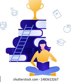 Vector modern flat education illustration. Woman person sitting and reading a book with cup and stairway elements. Concept of selfeducation, improvement. Design for posters, flyers, cards, banners