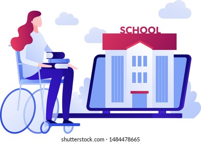 Vector modern flat education illustration. Disabled woman sitting in wheelchair with book. Concept of online learning, university, courses. Design for posters, flyers, cards, banners