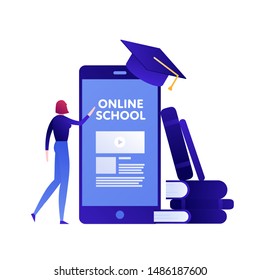 Vector modern flat education illustration. Female and smartphone with online school page. Book and hat symbols. Concept of online learning, university, courses. Design for posters, flyer, card, banner