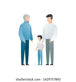 Vector modern flat family character illustration. Cute gradient grandfather with his son and grandchild isolated on white background. Big familes people tale care of each other