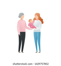 Vector modern flat family character illustration. Cute gradient grandmother with her daughter and grandchild baby isolated on white background. Big familes people tale care of each other