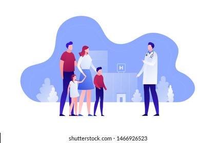 Vector modern flat family doctor illustration. Parents with child female visiting hospital on landscape building background. Design element for banner, poster, clinic, infographics.