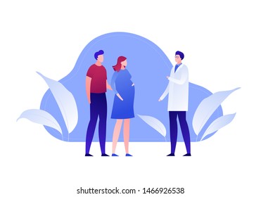 Ilustración moderna de planificación familiar plana vectorial. Consultora de sexo masculino y femenino embarazada sobre el embarazo en el fondo de forma de fluido azul. Elemento de diseño para banner, afiche, clínica, infografía.