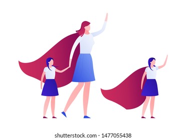 Vector modern flat family super hero illustration. Female holding daughter and girl in red cape in strong pose isolated on white. Design element for greeting card, card, ad, infographics, banner.