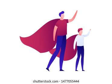 Vector modern flat family super hero illustration. Male and boy in red cape in strong pose isolated on white background. Design element for greeting card, card, ad, infographics, banner, poster