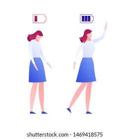Vector modern flat female person battery charging illustration. Color set of tired and success women isolated on white background. Concept of business, mood, emotion, depression, idea. Design element