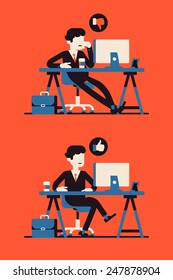Vector modern flat four colored business character design on abstract office worker web icon disliked and liked on subject | Bored and confident businessmen at work