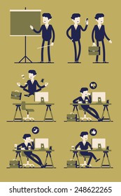 Vector modern flat four colored business office worker web icons in sleeping mode, meditation, giving presentation, liking and disliking, walking, standing, presentation concept abstract character