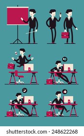 Vector modern flat four colored business office worker web icons in sleeping mode, meditation, giving presentation, liking and disliking, walking, standing, presentation concept abstract character
