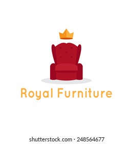 Vector modern flat furniture shop logo template. Red armchair with crown.
