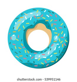 Vector modern flat geometric donut illustration. Donut sign for bakery menu. Glazed cool donuts with topping. Tasty cyan donut, isolated on white background