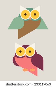 Vector modern flat geometric illustration on owls | Two simple cartoon owls on plain natural grey background