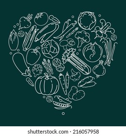 Vector modern flat heart shaped line art vegetables composition, white contour on dark background | Vegetables heart design element | Vegetarian decoration heart shaped element
