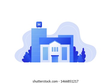 Vector modern flat hospital landscape illustration. Blue gradient classic house and skyscrapper with tree on fluid shape frame on white. Design element for medicine poster, template, report, web