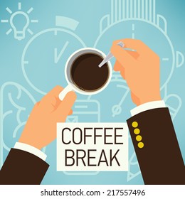 Vector modern flat illustration background on business and industry routine social gathering coffee break | Employee break for a cup of coffee on business themed background with 'Coffee Break' title