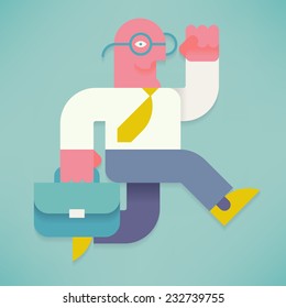 Vector modern flat illustration of cartoon business man in white shirt and tie with briefcase running fast 