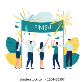 Vector modern flat illustration, the concept of success, reach the goal, come first to the finish line, take the leadership positions, celebrate the victory vector