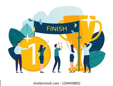 Vector modern flat illustration, concept of success, reach the goal, come first to the finish line, take the leadership positions, celebrate the victory, the first place with the medal vector
