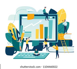 Vector modern flat illustration, concept of success, reach a goal, vector illustration of business, employees study infographics, analyze evolutionary scale, online training vector