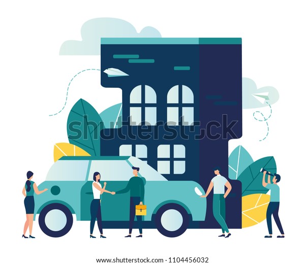 Vector modern flat illustration, concept of saving\
and investing money, investing in housing construction and buying a\
car vector