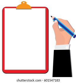 Vector modern flat illustration hand holding pencil clipboard with empty sheet of paper for business.