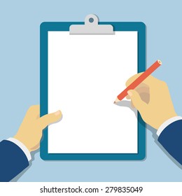 Vector modern flat illustration hands holding clipboard with empty sheet of paper and pencil 