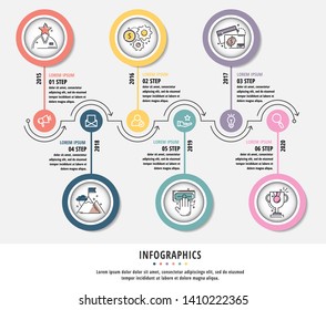 Vector modern flat illustration. Infographic template with elements, circles, text. Designed for business, presentations, web design, diagrams, education. Step by step. Process chart