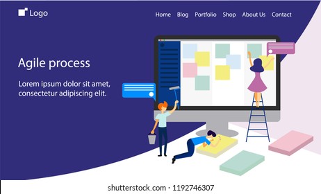 Vector modern flat illustration with little people characters for web page, banner, poster. Concept of agile process in team, work with scrum board, sprint.