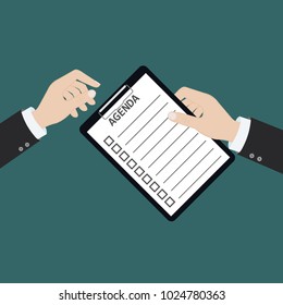 Vector modern flat illustration on hands holding clipboard with empty sheet of paper and pencil | Clipboard with blank paper and pencil in the hands of a man