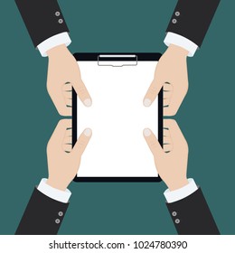 Vector modern flat illustration on hands holding clipboard with empty sheet of paper and pencil | Clipboard with blank paper and pencil in the hands of a man