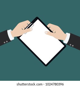 Vector modern flat illustration on hands holding clipboard with empty sheet of paper and pencil | Clipboard with blank paper and pencil in the hands of a man