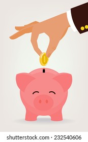 Vector modern flat illustration on hand putting coin into the money box | Happy piggy bank receiving a coin | Savings concept illustration