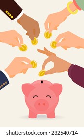 Vector modern flat illustration on multiple hands putting coins into the money box | Happy piggy bank receiving coins | Crowd funding concept illustration