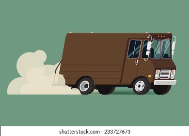 Vector modern flat illustration on riding delivery service van | Brown shipping service truck running fast leaving clouds of dust behind