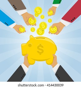 Vector modern flat illustration on multiple hands putting coins into the money box. Piggy bank receiving coins. Crowd funding concept illustration. Hands lay down coins / money in piggy bank.