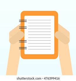 Vector modern flat illustration on hands holding clipboard with empty sheet of paper