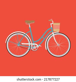 Vector modern flat illustration of retro looking bicycle with basket on red background isolated | Stylish minimalistic flat vintage bicycle illustration