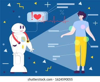 vector modern flat illustration with robot doctor who analyzes state functioning patient s body. Concept modern technologies and future development of robotics. Use in web design, printing, etc.