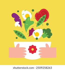 Vector ilustración plana moderna de la ensalada que cocina en un tazón: huevo, guisantes verdes, hojas de lechuga, verduras, brócoli, tomates, champiñones. Comida saludable. Un plato con una flor en las manos