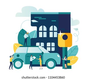 Vector Modern Flat Illustration, Sale, Leasing, Buying Or Renting A Car Or A House Vector