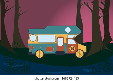 Vektorillustration Moderner Wohnwagen für Wohnwagen. Gewerbliches Fahrzeug,Service Icon.van Konzept für Banner, Flyer, Artikel. Vektorillustration-Illustration mit Van-Life-Bewegung im Cartoon-Stil